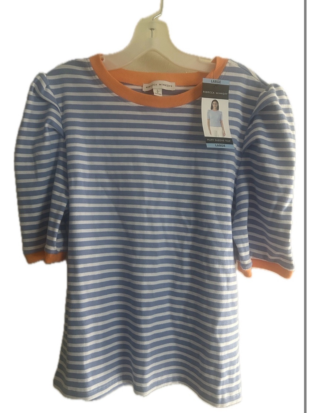 Rebecca Minkoff Blue & White Striped Puff Sleeve Top Crew Neck Tee Shirt L